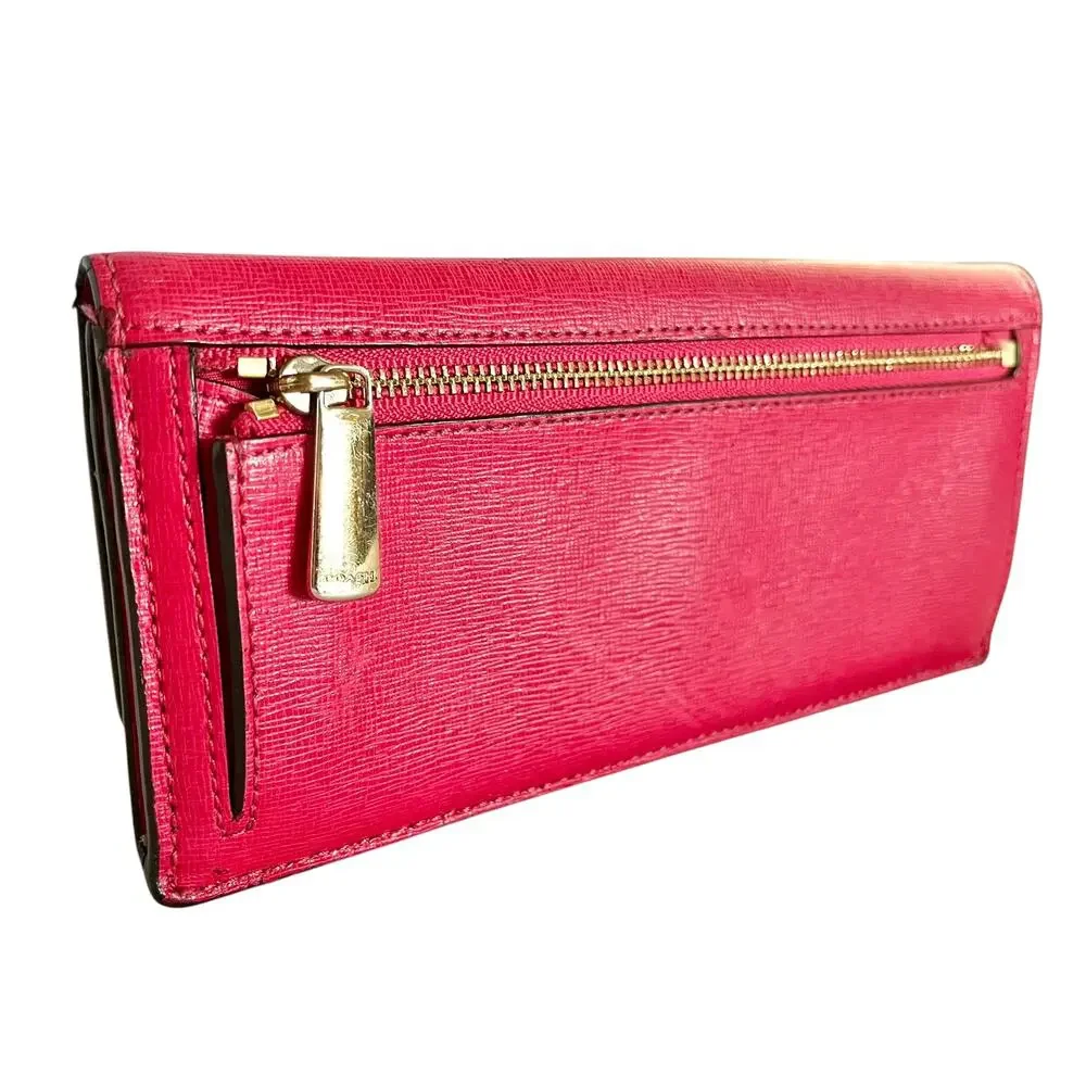 Coach Scarlet Pink Saffiano Leather Slim Soft Wallet #F49350